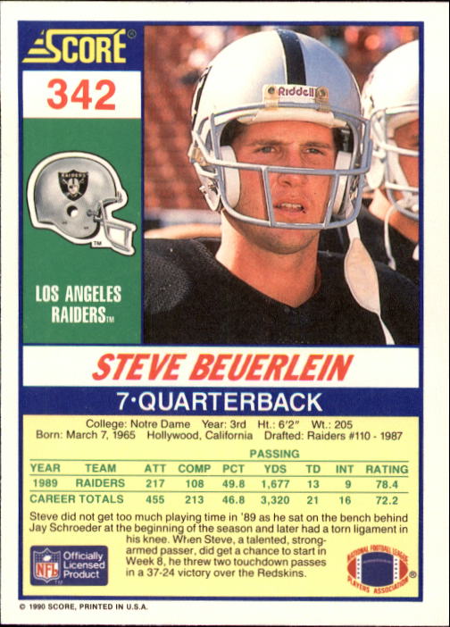 1990 Score #342 Steve Beuerlein back image