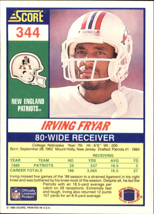 1990 Score #344 Irving Fryar back image