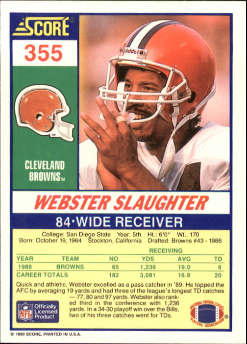 1990 Score #355 Webster Slaughter back image