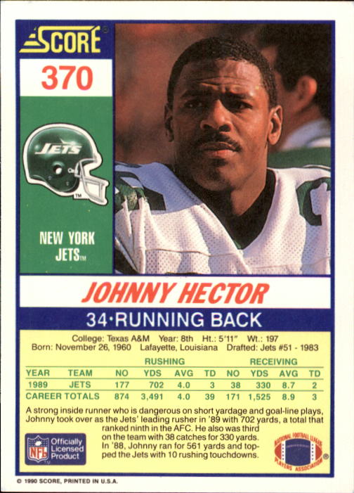 1990 Score #370 Johnny Hector back image