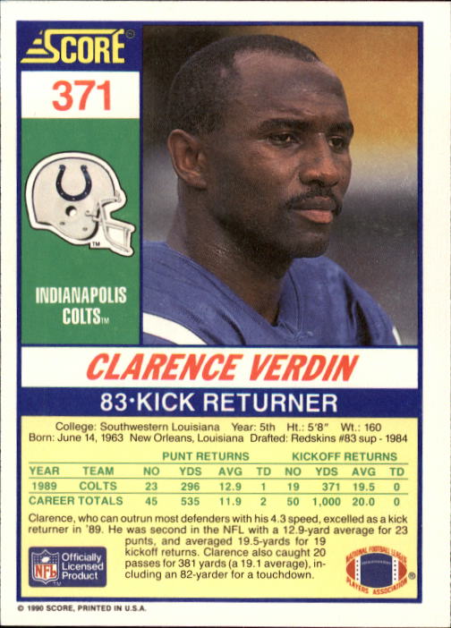 1990 Score #371 Clarence Verdin back image