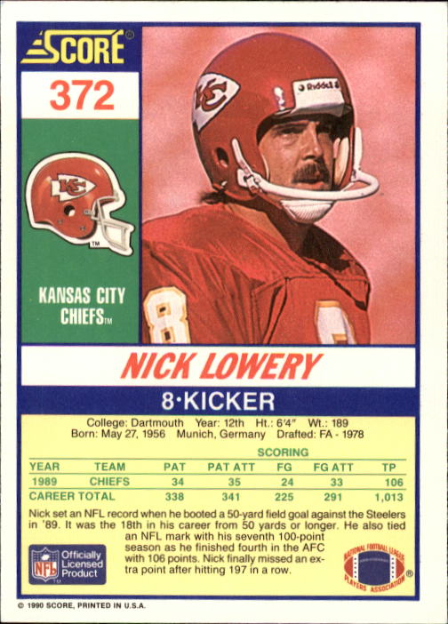 1990 Score #372 Nick Lowery back image