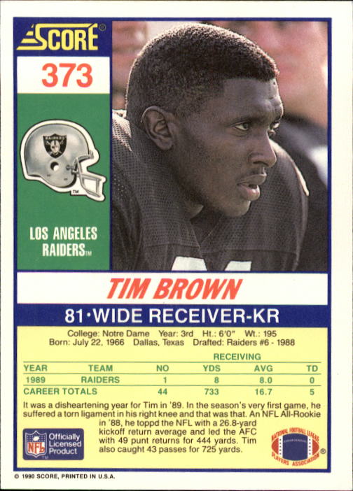 1990 Score #373 Tim Brown back image