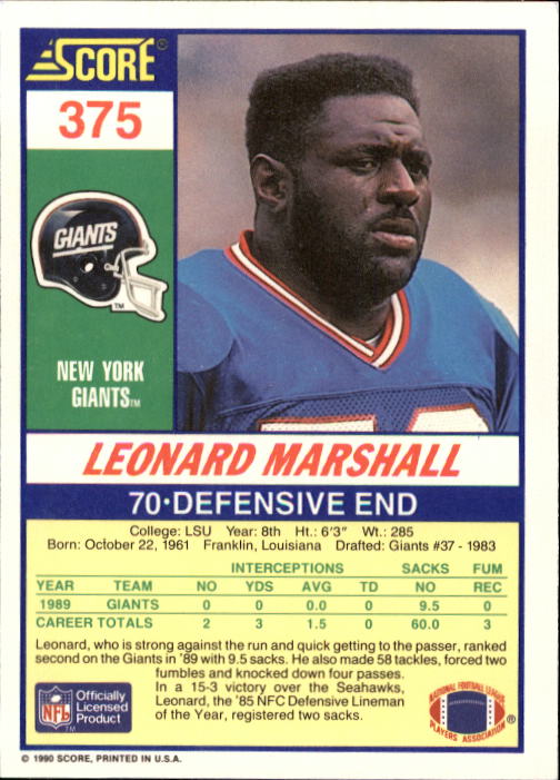 1990 Score #375 Leonard Marshall back image