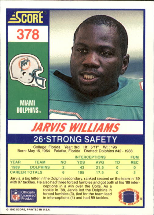 1990 Score #378 Jarvis Williams back image