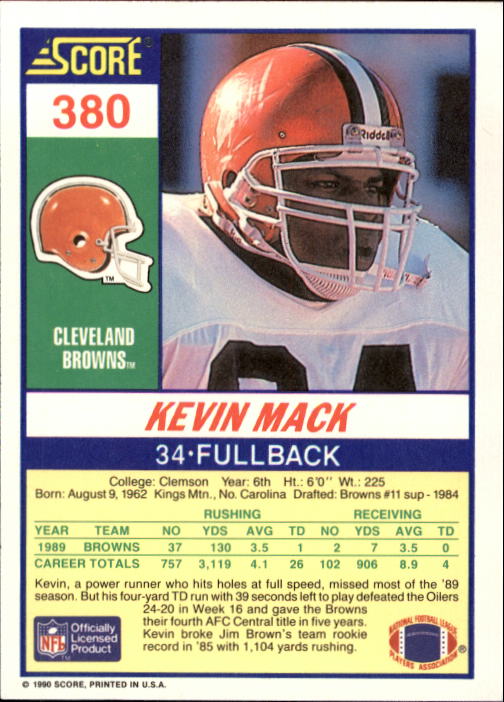 1990 Score #380 Kevin Mack back image