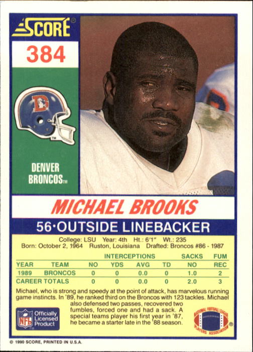 1990 Score #384 Michael Brooks RC back image
