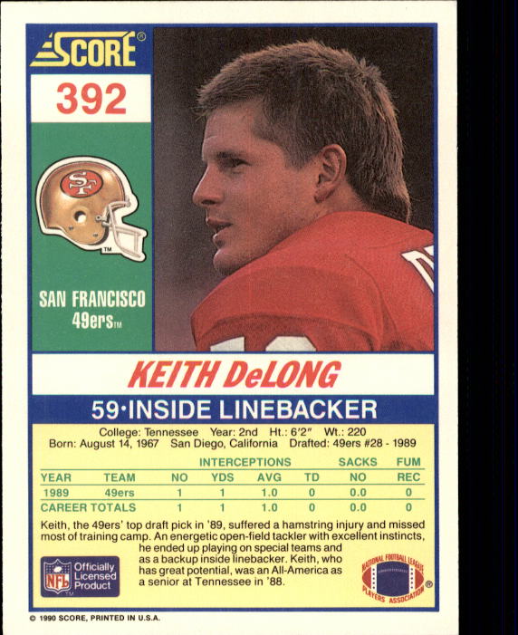 1990 Score #392 Keith DeLong back image