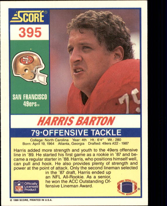 1990 Score #395 Harris Barton back image