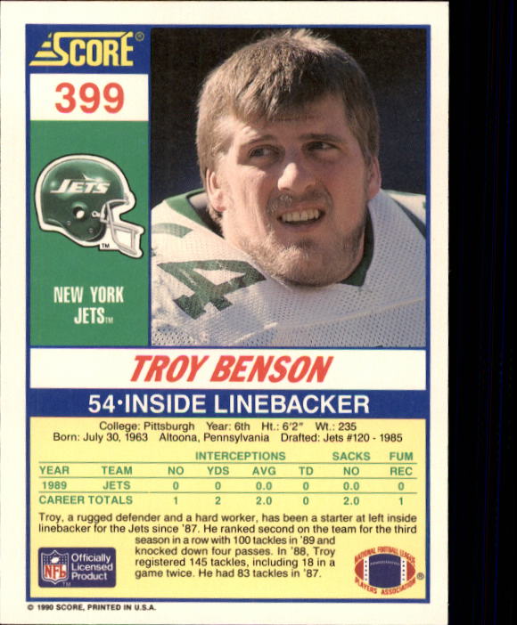 1990 Score #399 Troy Benson back image
