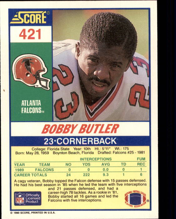 1990 Score #421 Bobby Butler back image