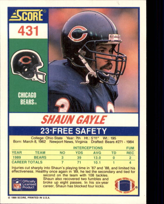 1990 Score #431 Shaun Gayle RC back image