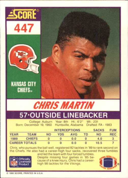 1990 Score #447 Chris Martin RC back image