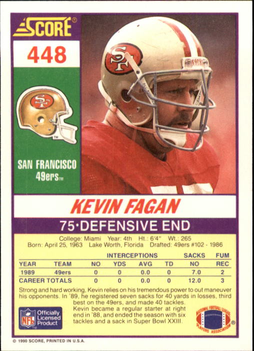 1990 Score #448 Kevin Fagan RC back image