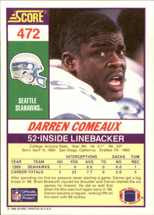 1990 Score #472 Darren Comeaux RC UER/(Front 53, back 52) back image