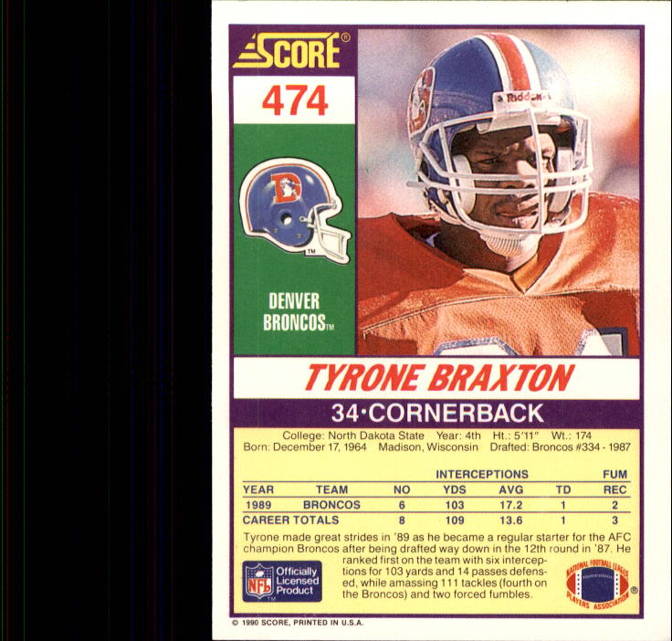 1990 Score #474 Tyrone Braxton back image