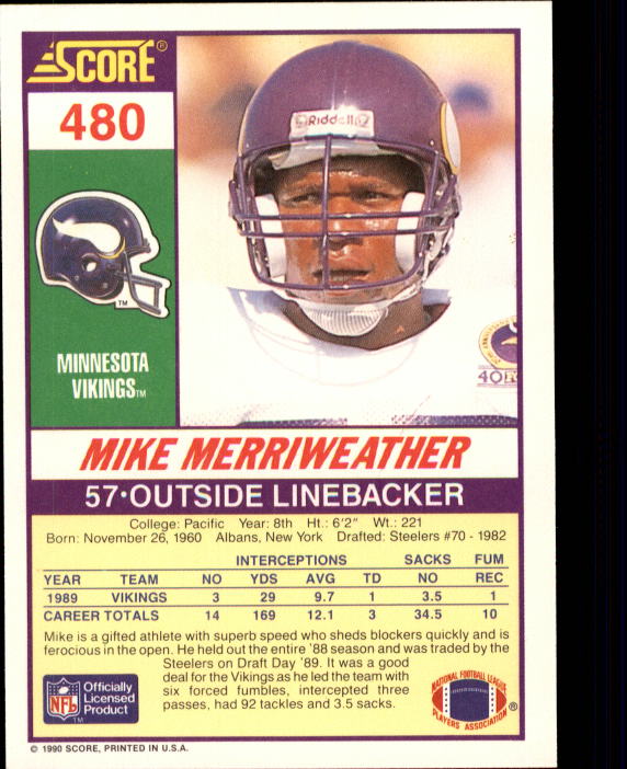 1990 Score #480 Mike Merriweather back image
