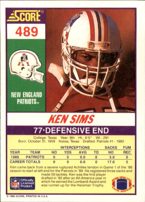 1990 Score #489 Kenneth Sims back image