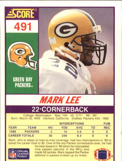 1990 Score #491 Mark Lee back image