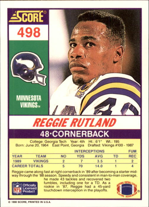 1990 Score #498 Reggie Rutland RC back image