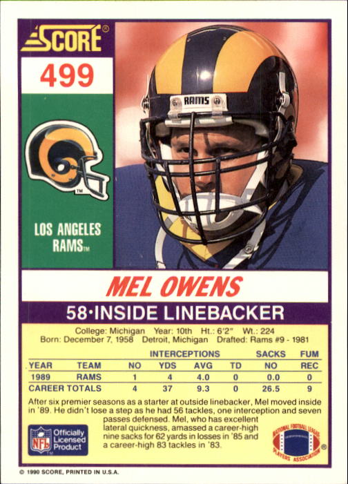 1990 Score #499 Mel Owens back image