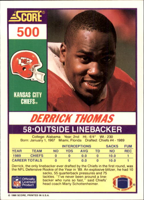 1990 Score #500 Derrick Thomas back image