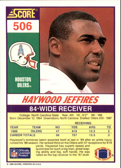 Haywood Jeffires Rookie 1990 Score #506 Houston Oilers