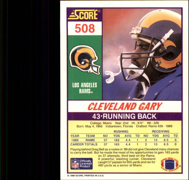 1990 Score #508 Cleveland Gary back image