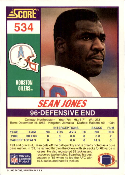 1990 Score #534 Sean Jones back image