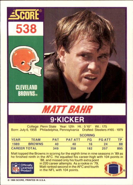 1990 Score #538 Matt Bahr back image