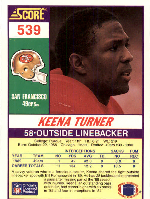 1990 Score #539 Keena Turner back image