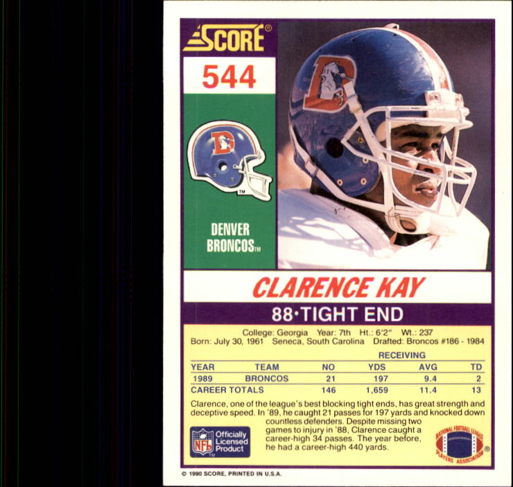 1990 Score #544 Clarence Kay back image