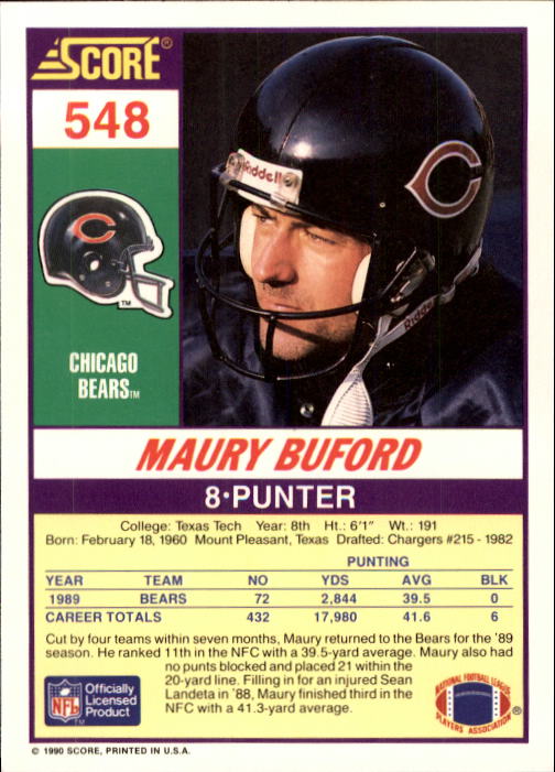 1990 Score #548 Maury Buford back image