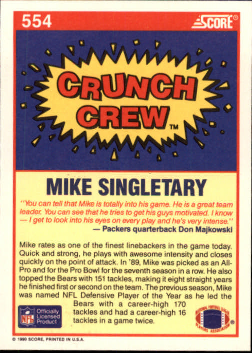 1990 Score #554 Mike Singletary CC back image