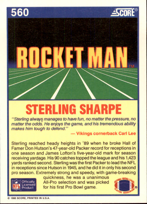 1990 Score #560 Sterling Sharpe RM back image