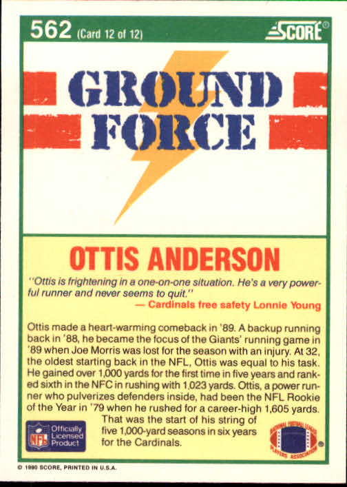 1990 Score #562 Ottis Anderson GF back image