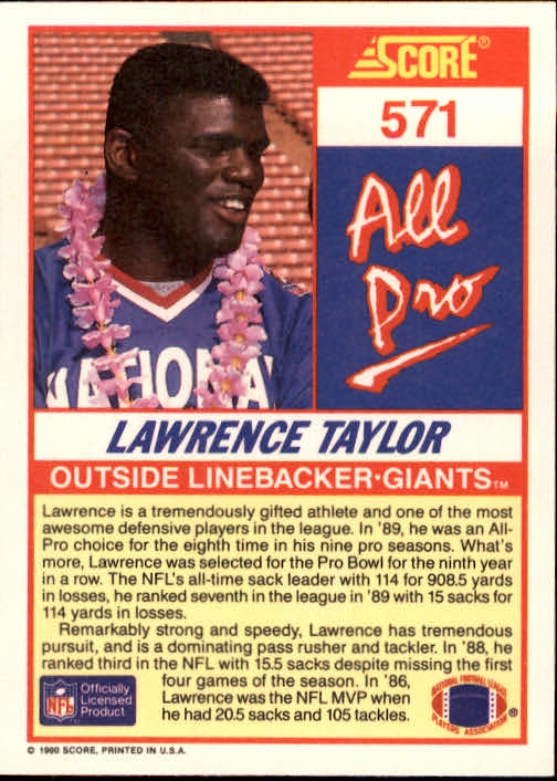 1990 Score #571 Lawrence Taylor AP back image
