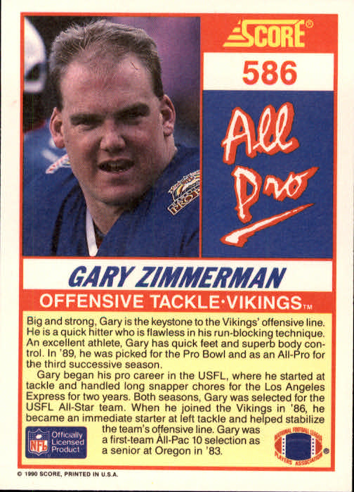 1990 Score #586 Gary Zimmerman AP back image