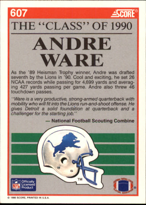 1990 Score #607 Andre Ware C90 back image