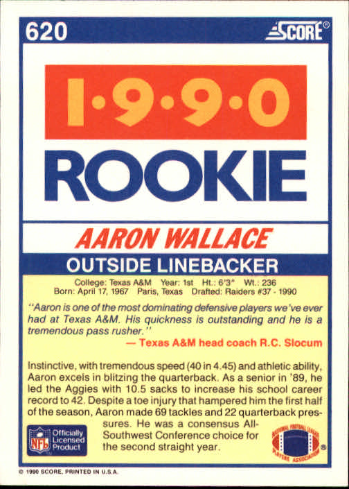 1990 Score #620 Aaron Wallace RC back image