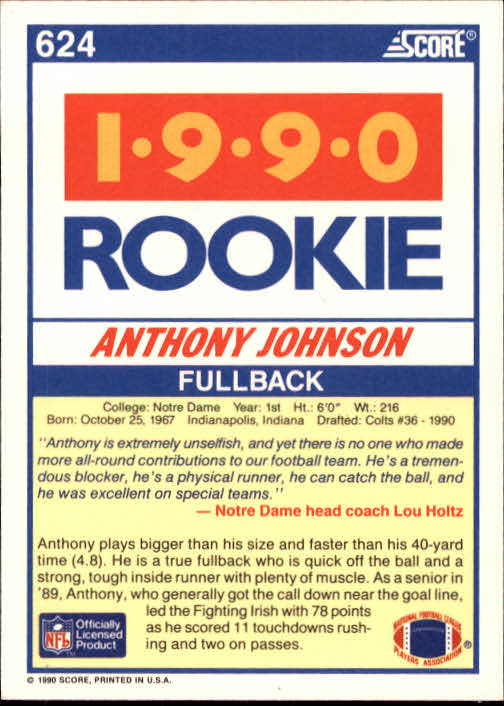 1990 Score #624 Anthony Johnson RC back image