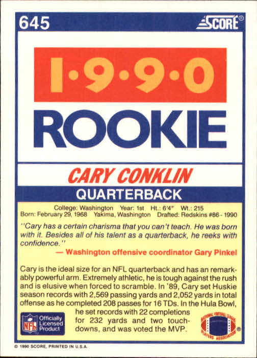1990 Score #645 Cary Conklin RC back image