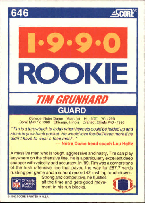1990 Score #646 Tim Grunhard RC back image