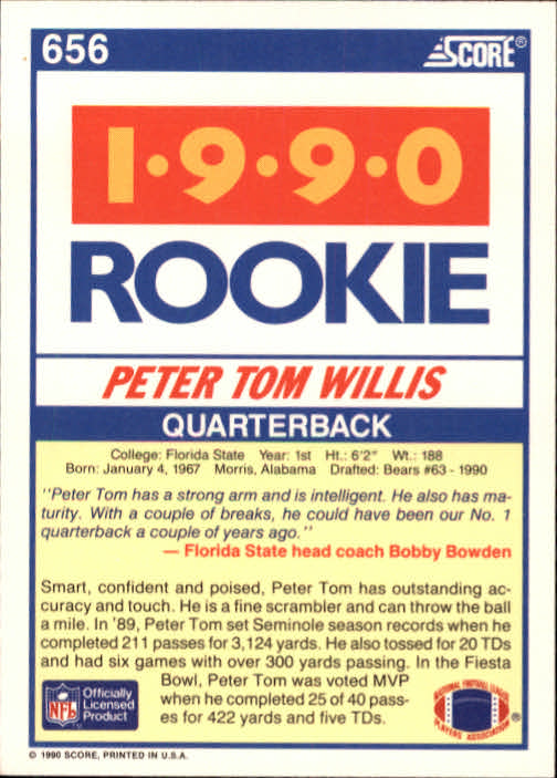 1990 Score #656 Peter Tom Willis RC back image