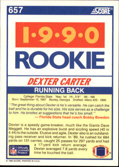1990 Score #657 Dexter Carter RC back image