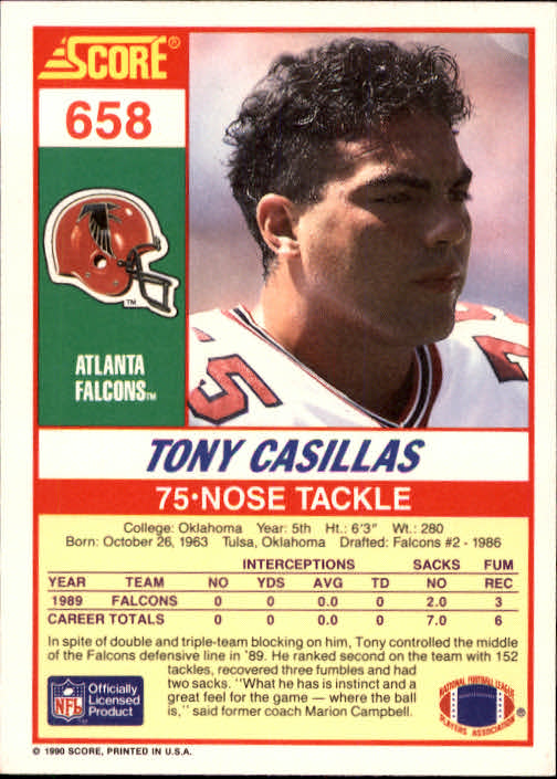 1990 Score #658 Tony Casillas back image