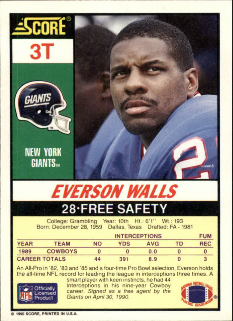 1990 Score Supplemental #3T Everson Walls back image