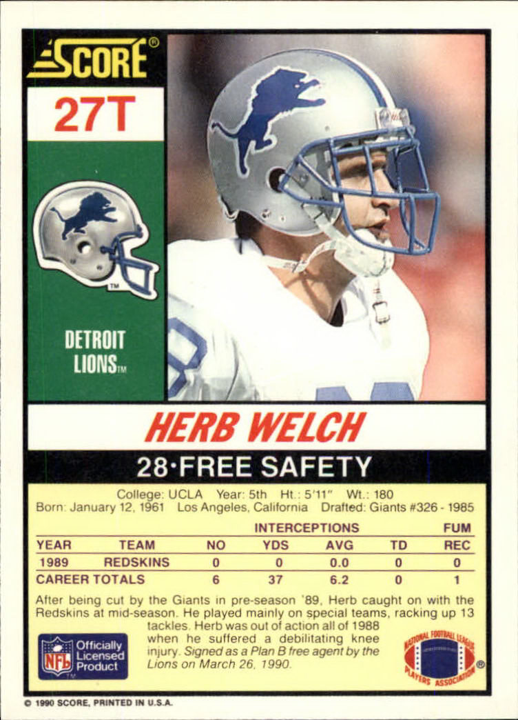 1990 Score Supplemental #27T Herb Welch back image