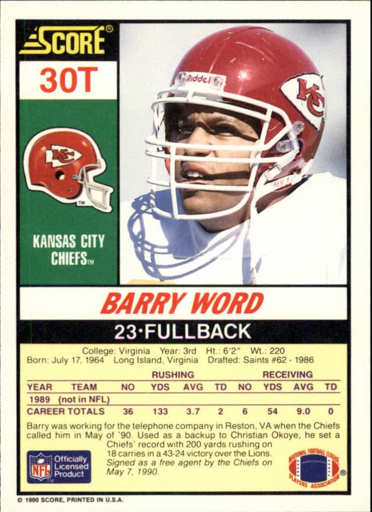 1990 Score Supplemental #30T Barry Word RC back image