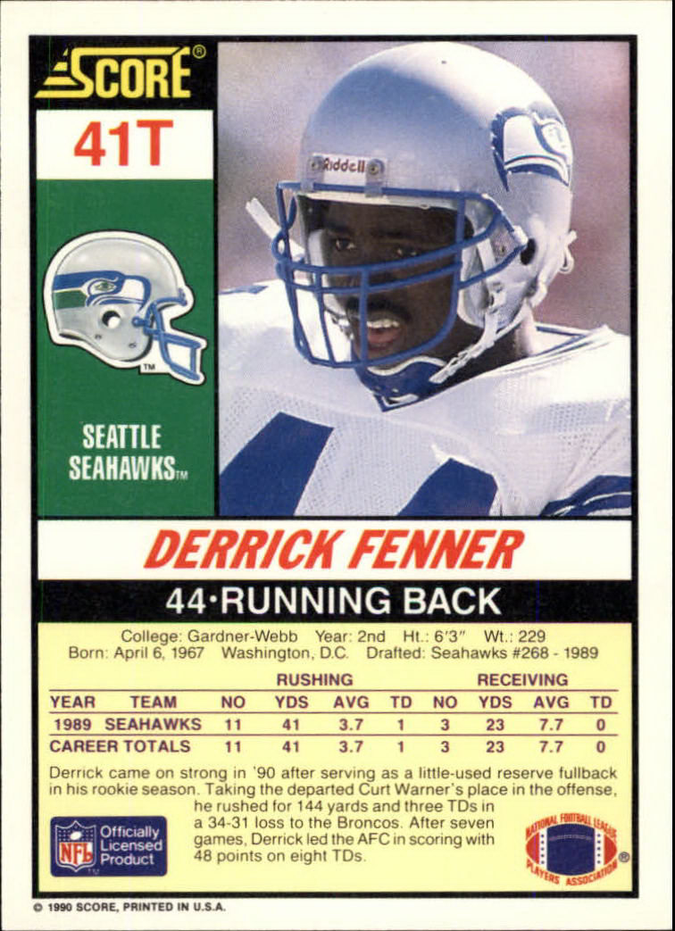 1990 Score Supplemental #41T Derrick Fenner RC back image